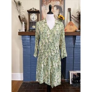 CAbi M Faux Wrap Dress Green Leaf Print 3/4 Sleeve V Neck #280 Soft Rayon EUC